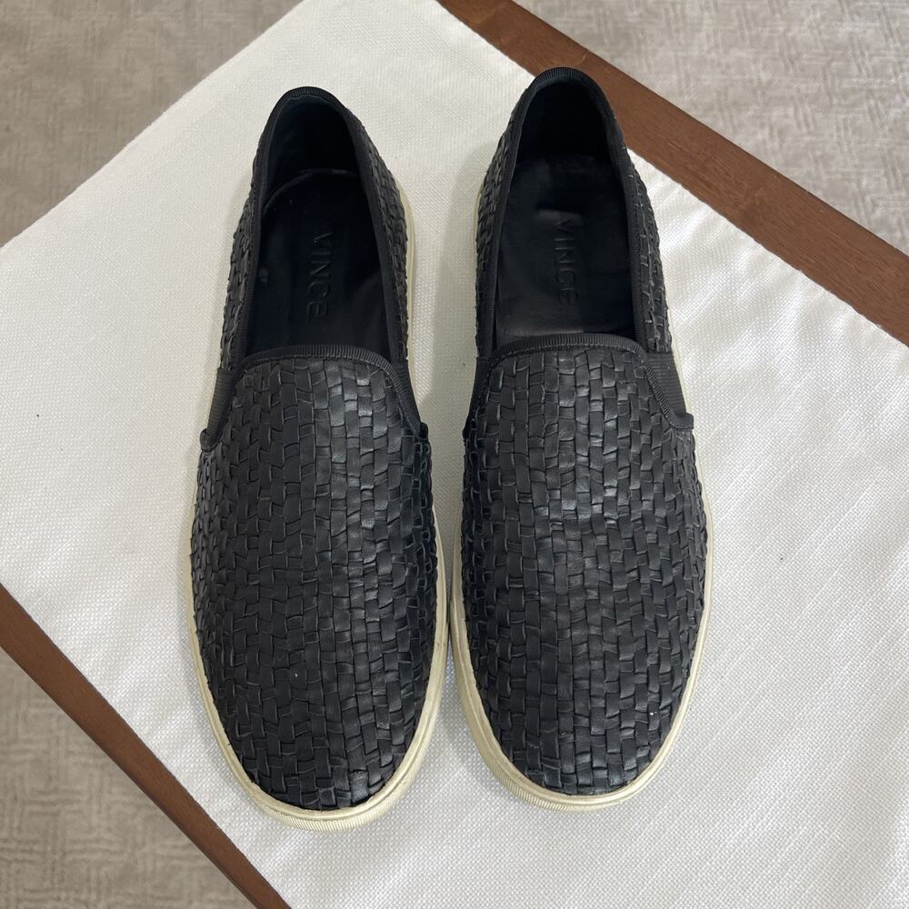 Vince Women Black Weaved Leather Loafers Size 9 Slip On Sneakers Classic
